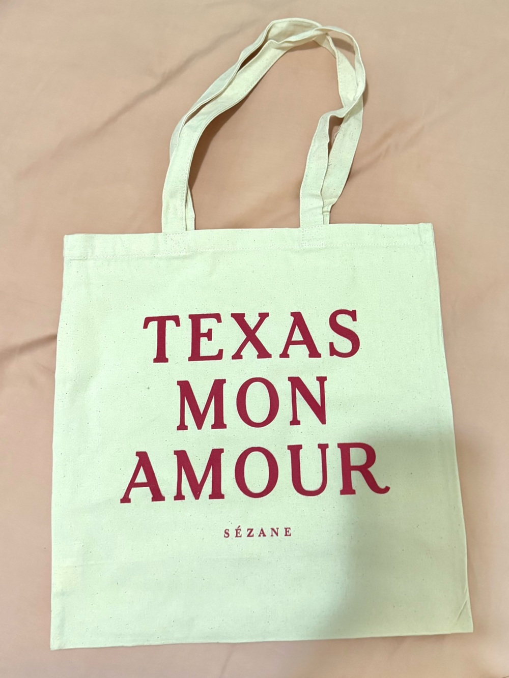 Sézane Cream Canvas Tote with Pink TEXAS MON AMOUR Print